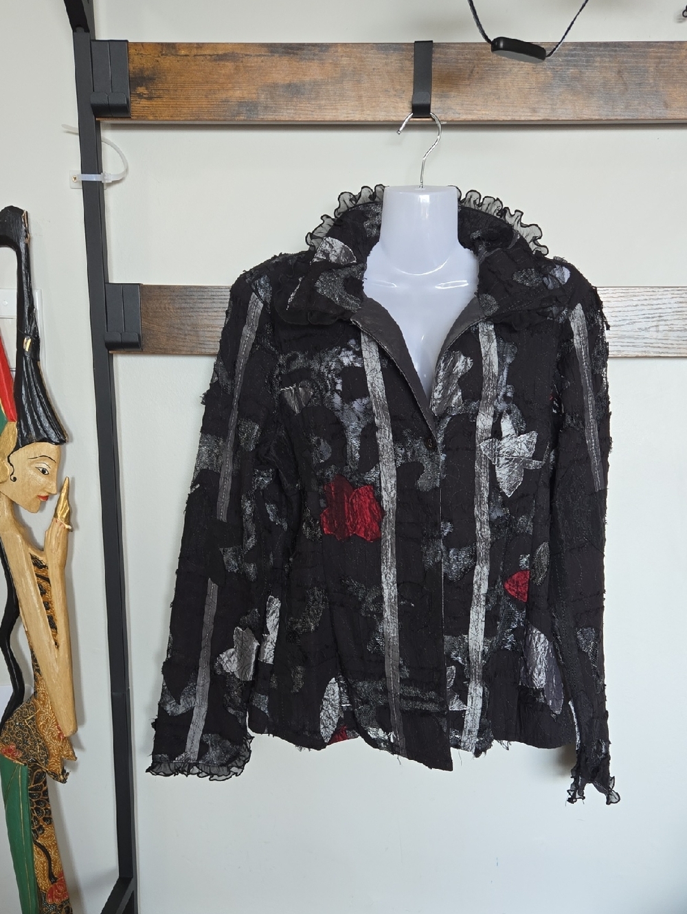 Women’s Black Textured Patchwork Blazer with Leaf Silver and Red Accents